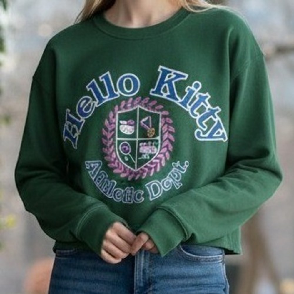 Hello Kitty Athletic Dept Cropped Sweatshirt Green Varsity Graphic Pullover